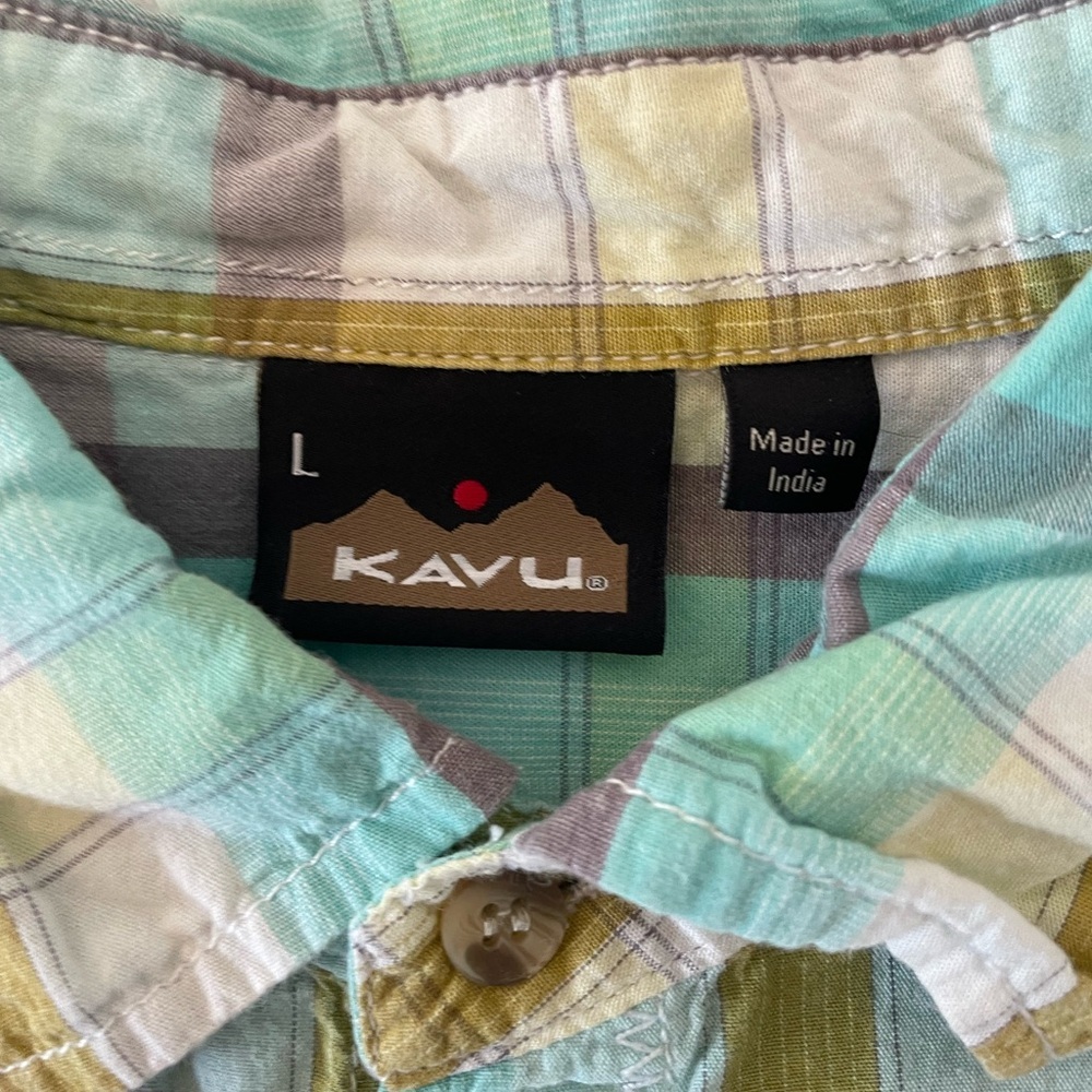 Kavu Men's Short Sleeve Plaid Cotton Button Down Shirt Blue Gold White Sz L - Picture 3 of 8